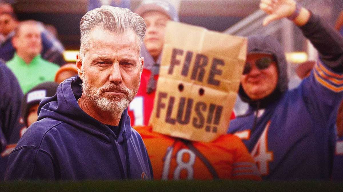 Chicago Bears head coach Matt Eberflus with angry Bears fans behind him