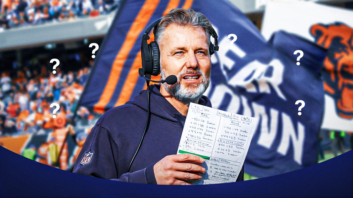 Bears head coach Matt Eberflus with question marks around him, while he has a play-call sheet in his hand