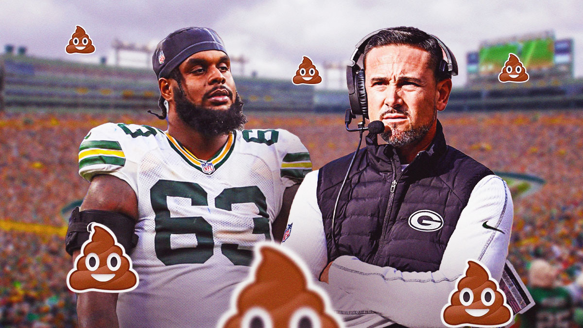 Green Bay Packers coach Matt LaFleur and Rasheed Walker in a Green Bay Packers uniform with a bunch of poop emojis around them as LaFleur made a comment about poop.
