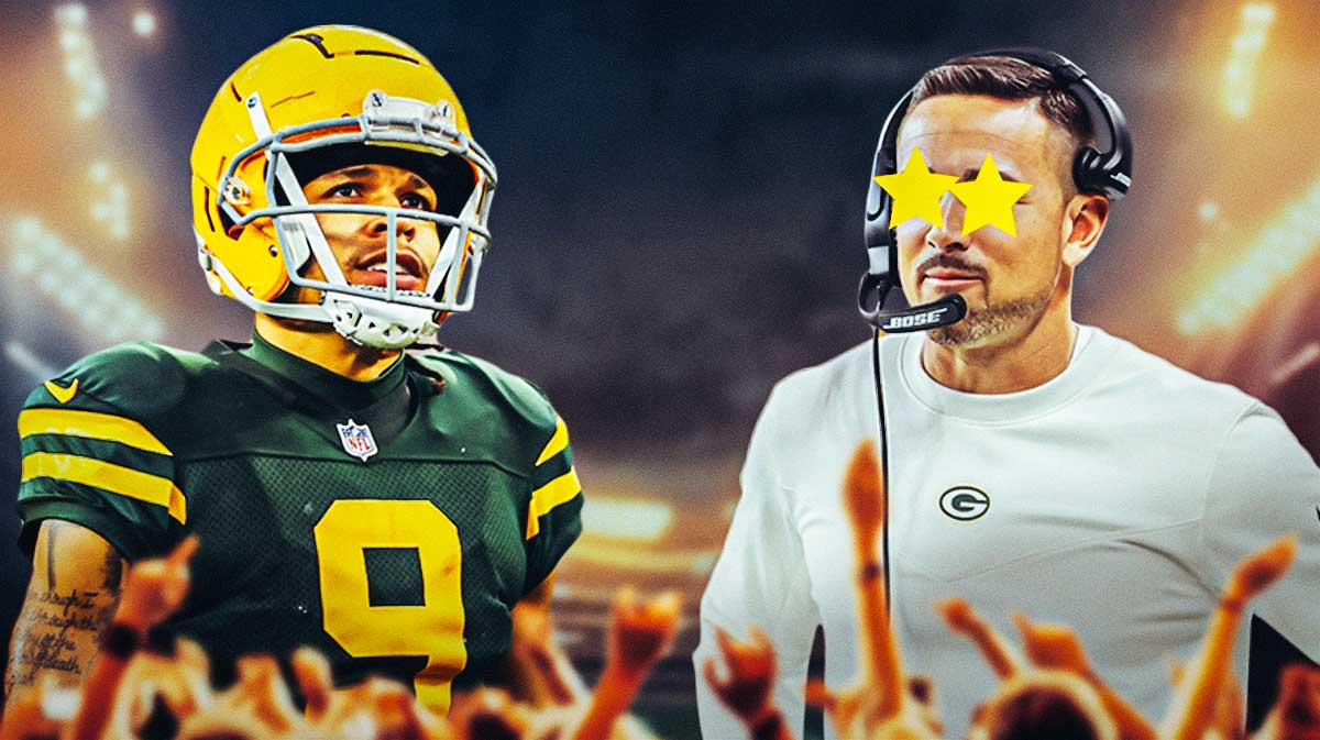 Matt LaFleur on one side with stars in his eyes, Christian Watson on the other side