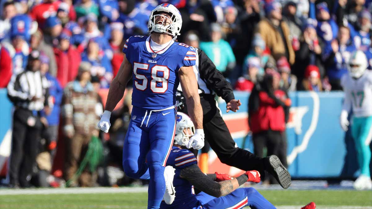 Buffalo Bills linebacker Matt Milano celebrates one of four sacks of Miami s Skylar Thompson.