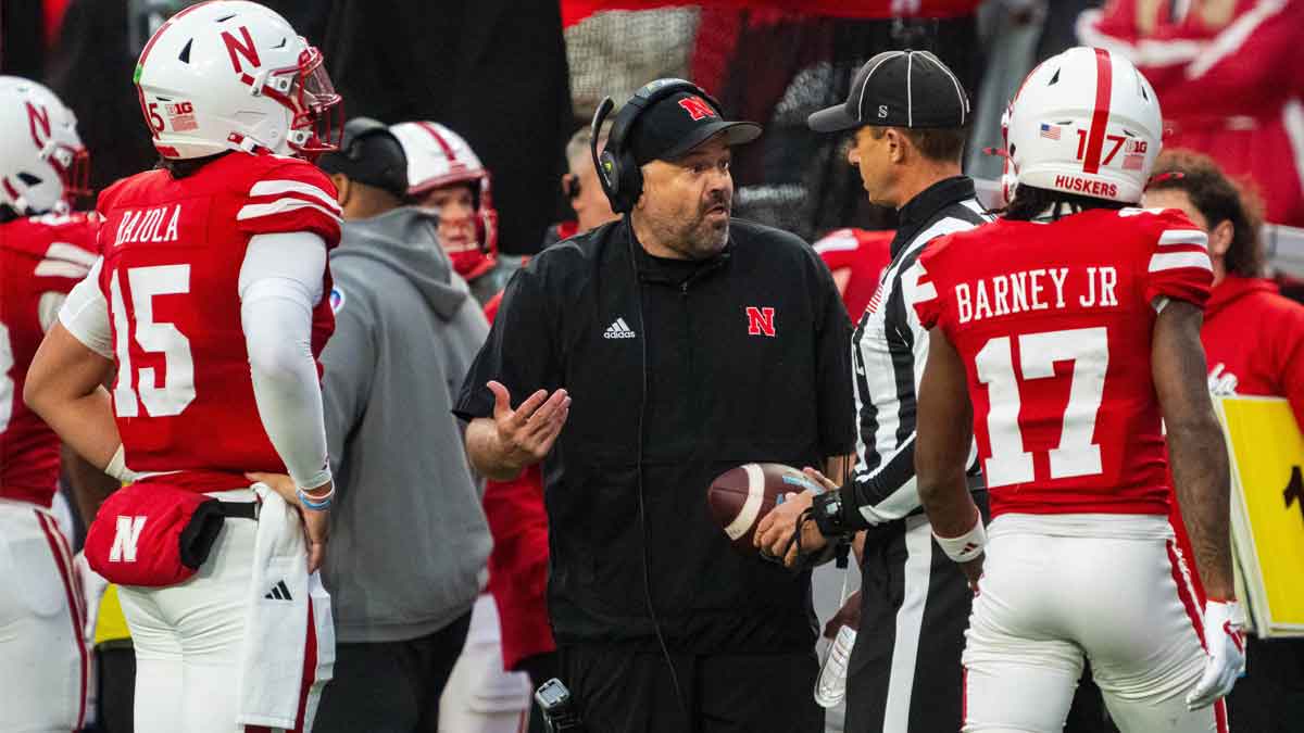 Nebraska Cornhuskers head coach Matt Rhule talks with an official against the UCLA Bruins during the fourth quarter at Memorial Stadium.