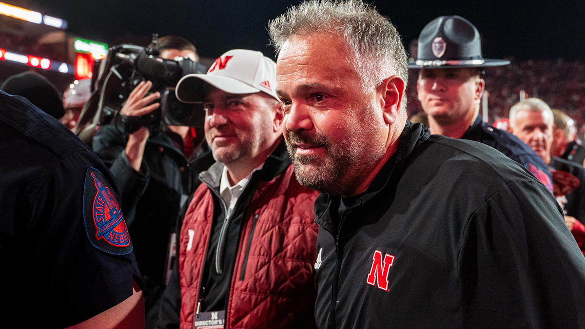 Nebraska Cornhuskers head coach Matt Rhule and athletic director Troy Dannen walk off the field after defeating the Wisconsin Badgers at Memorial Stadium.