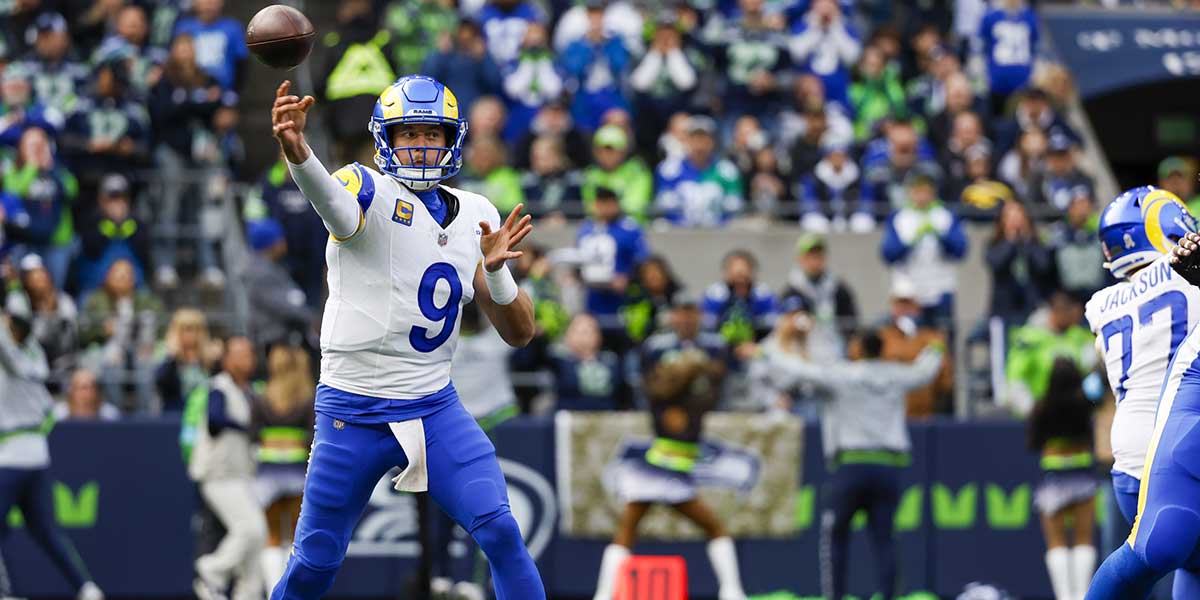 Los Angeles Rams quarterback Matthew Stafford (9) passes against the Seattle Seahawks during the first quarter at Lumen Field