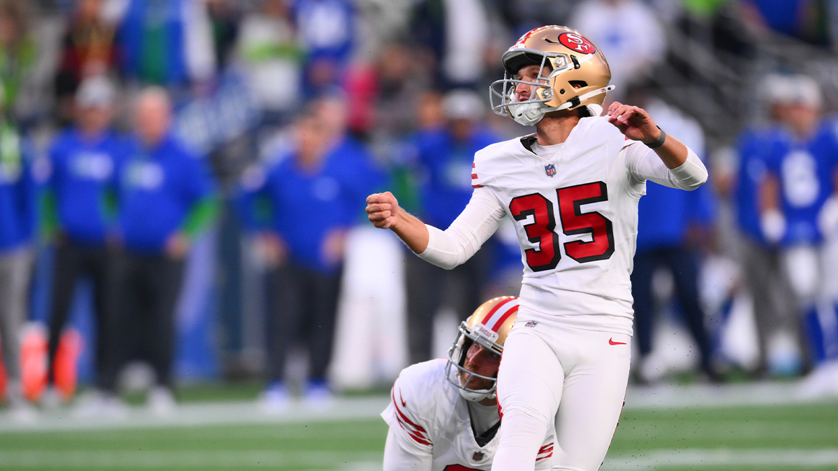 San Francisco 49ers place kicker Matthew Wright (35) looks on after kicking a field goal against the Seattle Seahawks during the first half at Lumen Field.