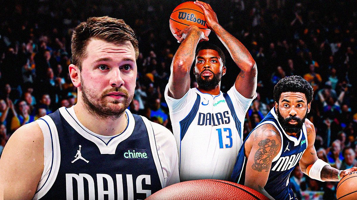 Mavericks Luka Doncic on left sitting down on an NBA sideline looking serious. Mavericks Kyrie Irving dribbling a basketball, Mavericks Naji Marshall shooting a basketball on right.