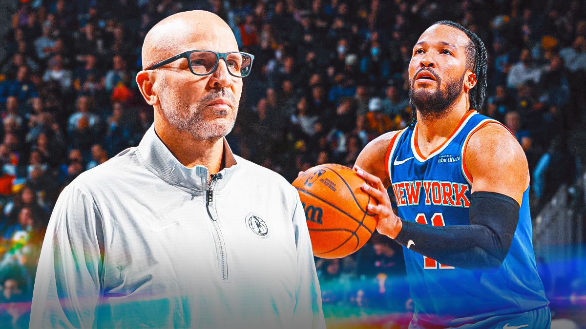 Mavericks Jason Kidd on left looking serious. Knicks Jalen Brunson on right shooting a basketball.
