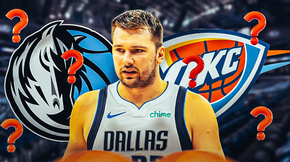 Mavericks Luka Doncic with question marks around him and the Dallas Mavericks and Oklahoma City Thunder 2024 logos in background.