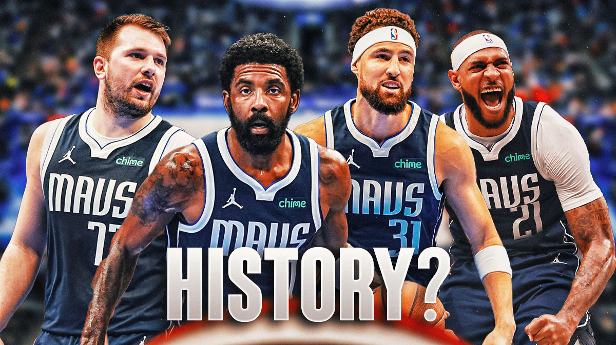 The Dallas Mavericks lineup of Luka Doncic, Kyrie Irving, Klay Thompson, and Daniel Gafford with the phrase "History?" next to them and this emoji beside (😱)