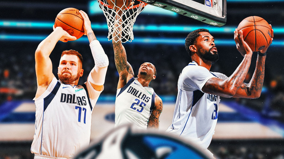Mavericks Luka Doncic shooting a basketball, Mavericks PJ Washington dunking a basketball, Mavericks Naji Marshall shooting a basketball.