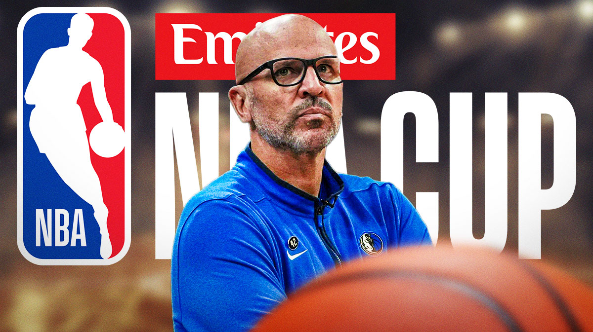 Mavericks Jason Kidd looking serious on left. NBA Cup 2024 logo on right.