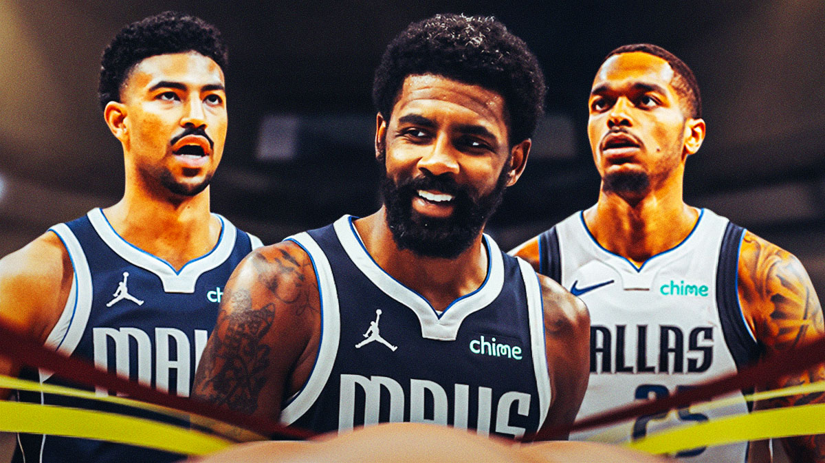 Mavericks Kyrie Irving smiling in front. On left, Mavericks PJ Washington. On right, Mavericks Quentin Grimes.