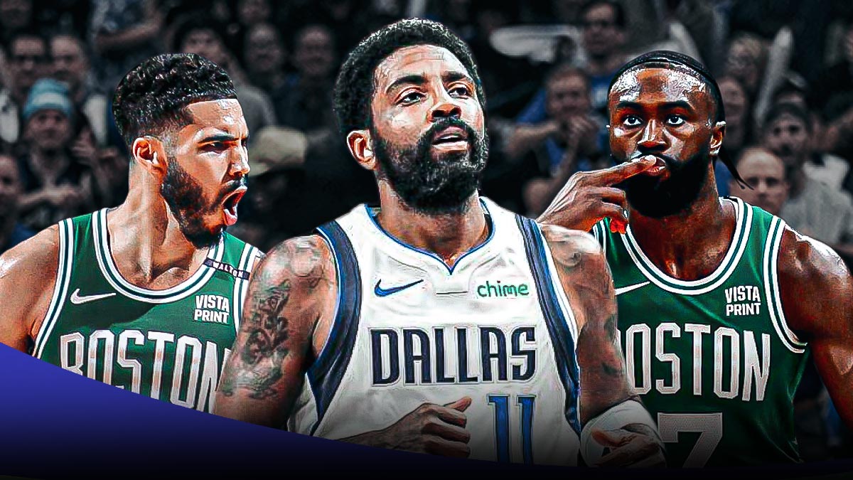 Mavericks' Kyrie Irving in between Celtics' Jaylen Brown and Jayson Tatum