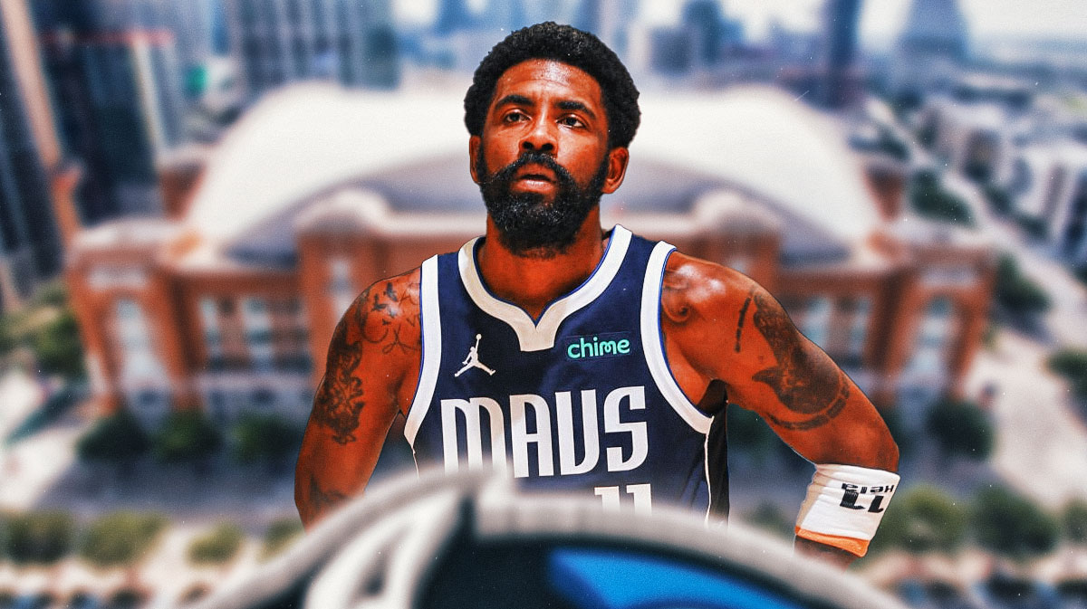Mavericks Kyrie Irving standing in front looking serious. Place the outside of the American Airlines Center in background.