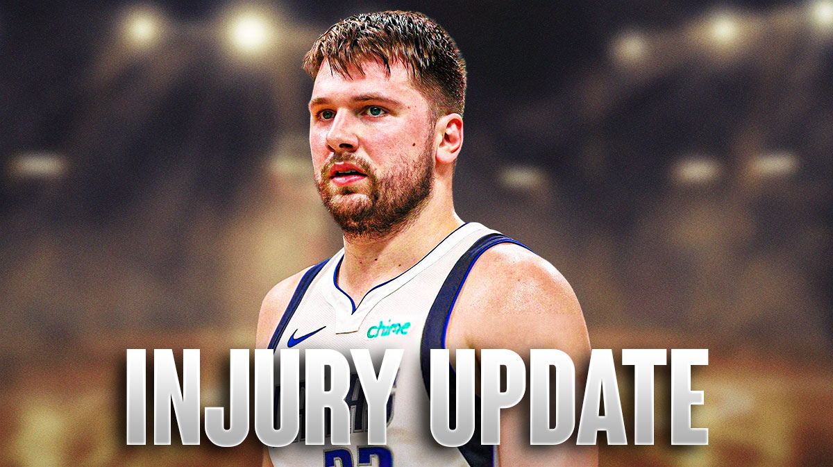 Mavericks Luka Doncic with injury update written in image.