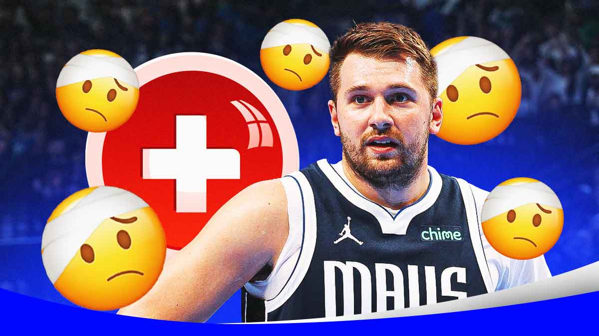 Mavericks' Luka Doncic next to a medical kit and surrounded by 🤕 injured emojis