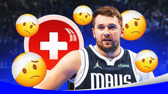 Mavericks' Luka Doncic next to a medical kit and surrounded by 🤕 injured emojis