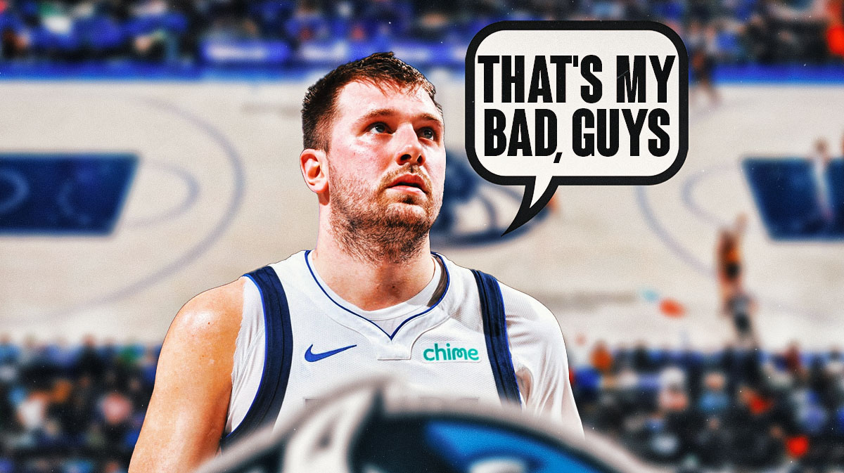 Mavericks' Luka Doncic with a talk bubble THAT'S MY BAD, GUYS