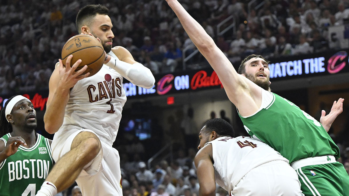 Cleveland Cavaliers guard Max Strus (1) grabs a rebound against the Boston Celtics in the second quarter of game four of the second round for the 2024 NBA playoffs at Rocket Mortgage FieldHouse.