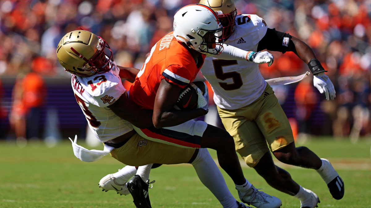 Virginia Cavaliers wide receiver Malachi Fields (8) is tackled by Boston College Eagles defensive back Max Tucker (13) during the second quarter at Scott Stadium.