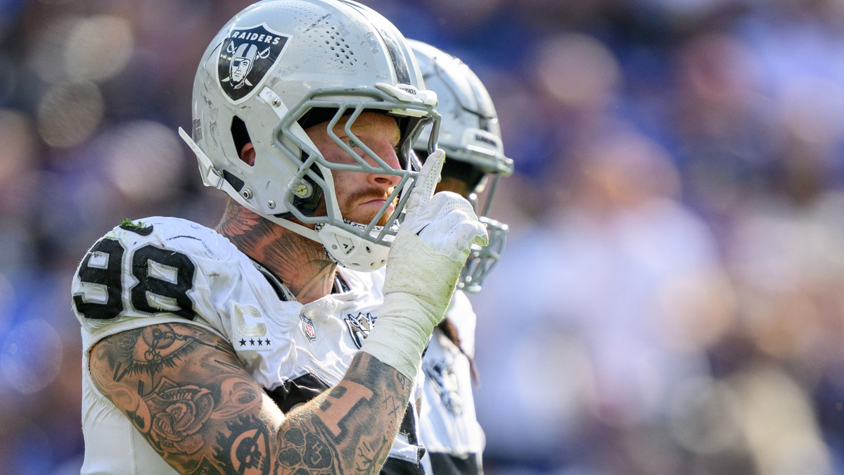 Sep 15, 2024; Baltimore, Maryland, USA; Las Vegas Raiders defensive end Maxx Crosby (98) celebrates after a sack during the second half against the Baltimore Ravens at M&T Bank Stadium. 