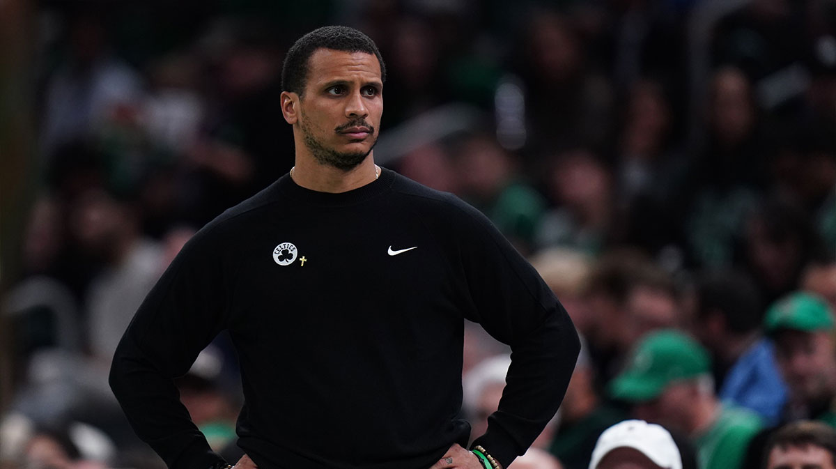 Boston Celtics head coach Joe Mazzulla watches from the sideline as they take on the Atlanta Hawks at TD Garden.