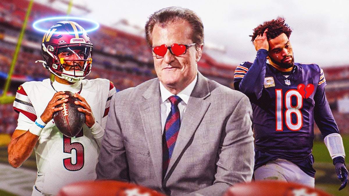 ESPN NFL Draft analyst Mel Kiper with heart eyes looking at Washington Commanders QB Jayden Daniels with a halo over his head, while Chicago Bears QB Caleb Williams is in the background with tears flowing from his eyes and broken heart emoji over where his heart is.