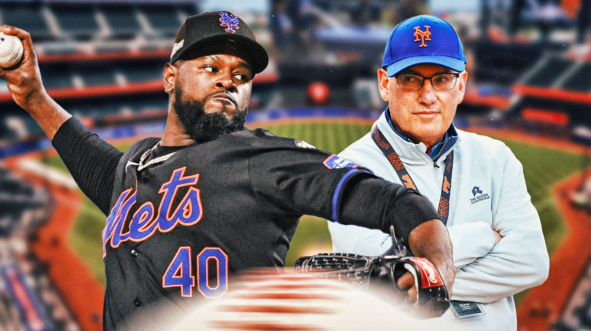 Luis Severino pitching for the Mets, Steve Cohen in background at Citi Field
