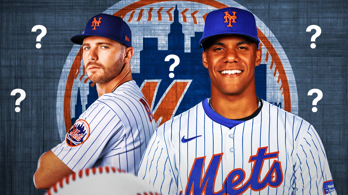 Juan Soto and Pete Alonso both in New York Mets 2024 jerseys. Question marks everywhere.