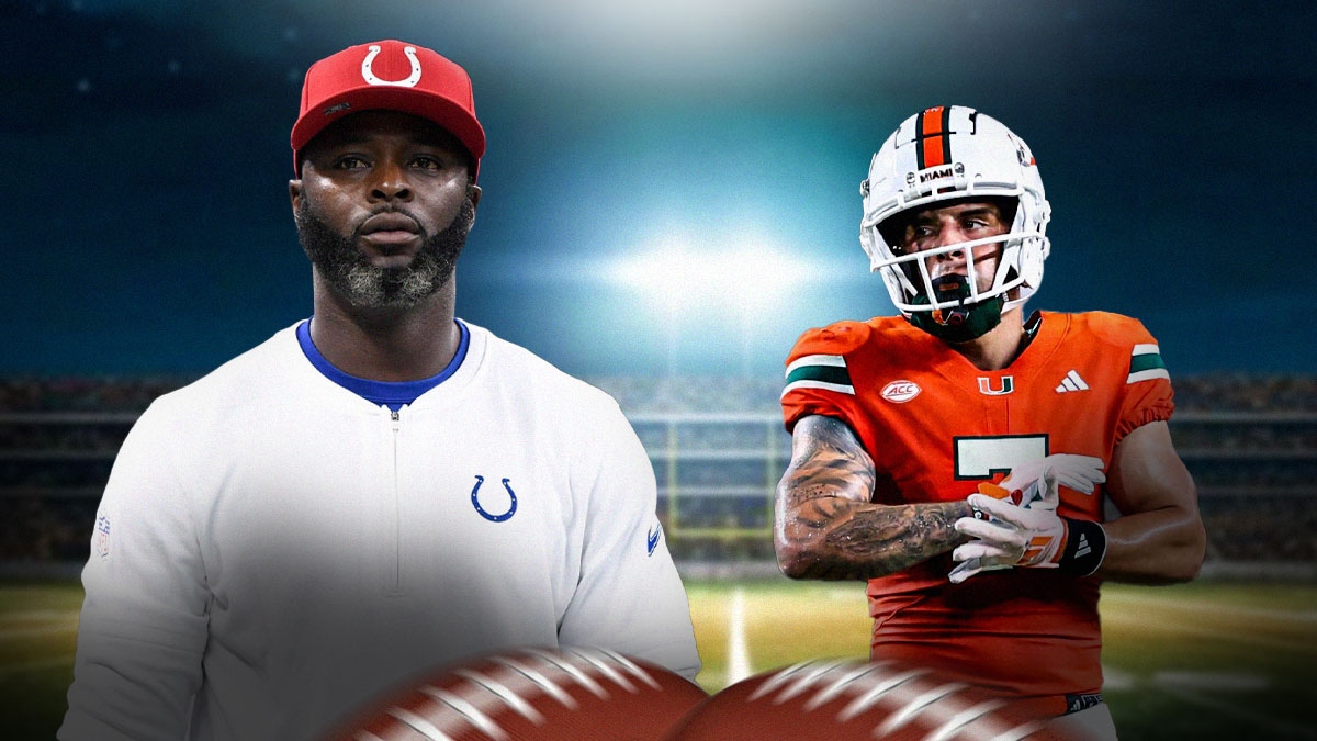 Miami football legend Reggie Wayne and current Hurricanes wide receiver Xavier Restrepo.