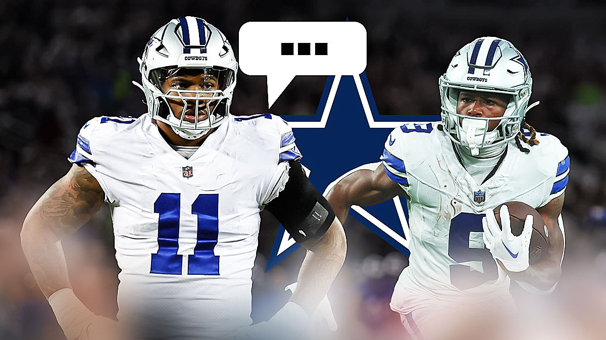 Dallas Cowboys linebacker Micah Parsons with a speech bubble that has the three dots emoji inside. He is next to Cowboys WR KaVontae Turpin. There is also a logo for the Dallas Cowboys.