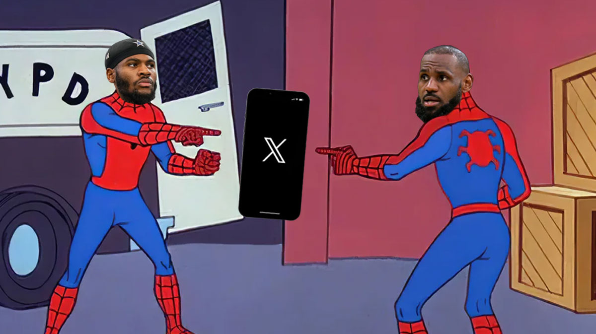 Two Spidermen pointing at eachother with the Spiderman on the left having Dallas Cowboys' Micah Parsons' head, while the Spiderman on the right having LeBron James' head on it. Then, in between both of them, there's a phone with the X (formerly known as Twitter) logo on the screen.