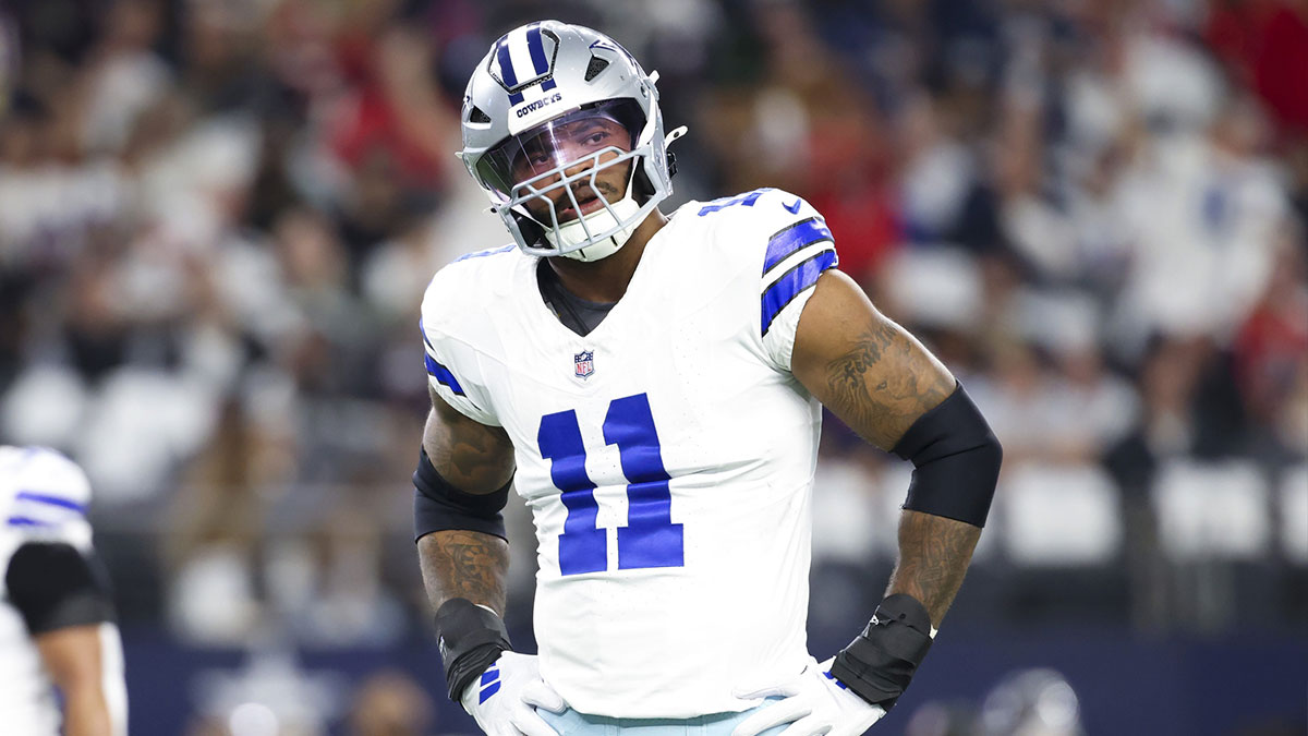 Dallas Cowboys linebacker Micah Parsons (11) reacts during the first quarter against the Houston Texans at AT&T Stadium.