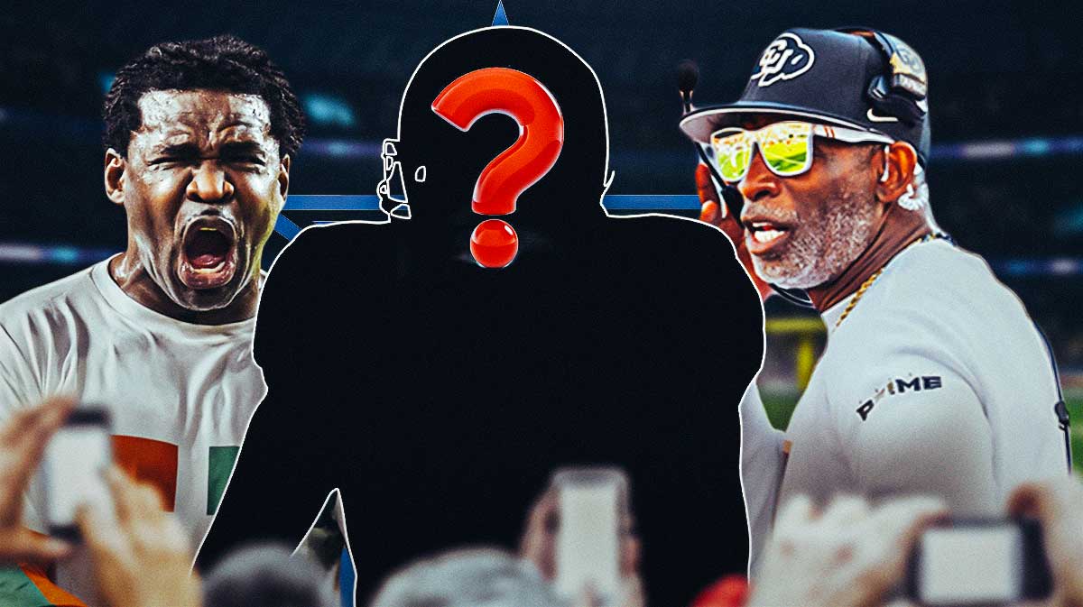Former NFL player Michael Irvin with University of Colorado football coach Deion Sanders and a silhouette of an American football player with a big question mark emoji inside. There is also a logo for the Dallas Cowboys.