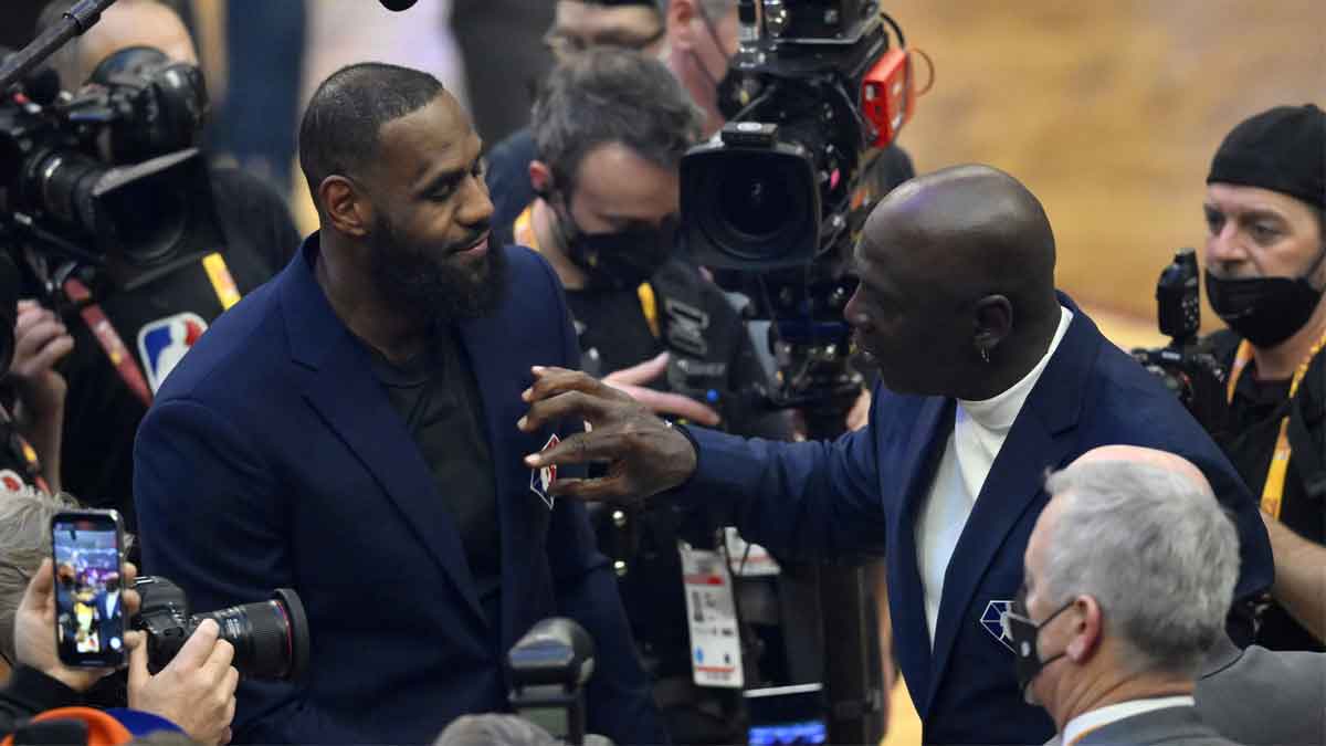 Lebron James and Michael Jordan on court during halftime during the 2022 NBA All-Star Game at Rocket Mortgage FieldHouse.