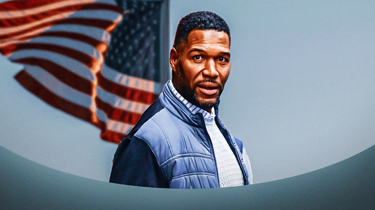 Michael Strahan, American flag in the background.