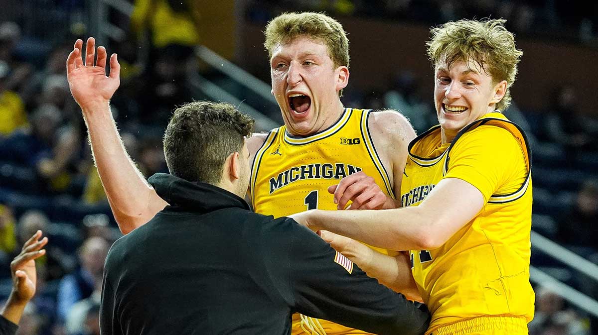 Michigan forward Sam Walters (24), right, celebrates a play against Cleveland State with center Danny Wolf (1) during the second half at Crisler Center