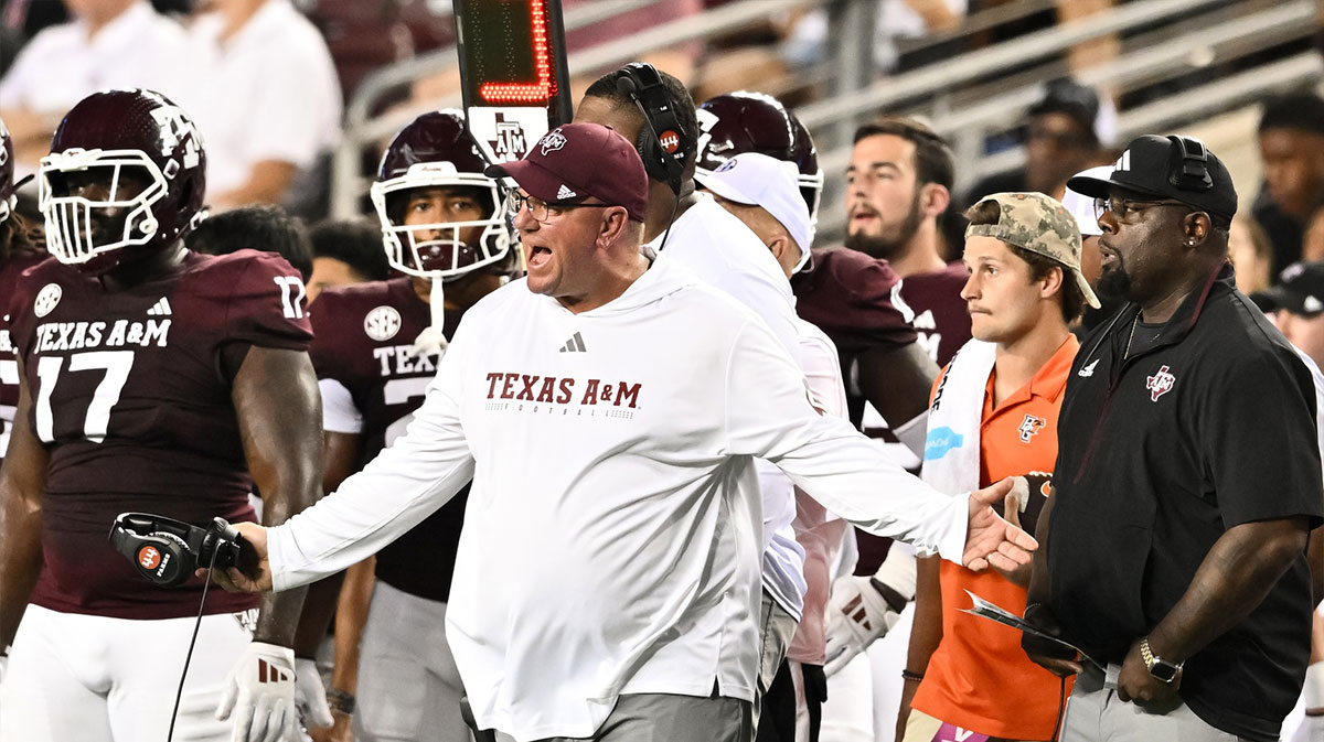 Texas A&M Aggies head coach Mike Elko reacts during the second quarter against the Bowling Green Falcons at Kyle Field.