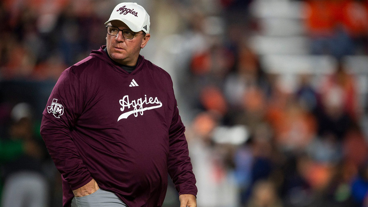 Texas A&M Aggies head coach Mike Elko during warm ups before Auburn Tigers take on Texas A&M Aggies at Jordan-Hare Stadium in Auburn, Ala., on Saturday, Sept. 7, 2024.