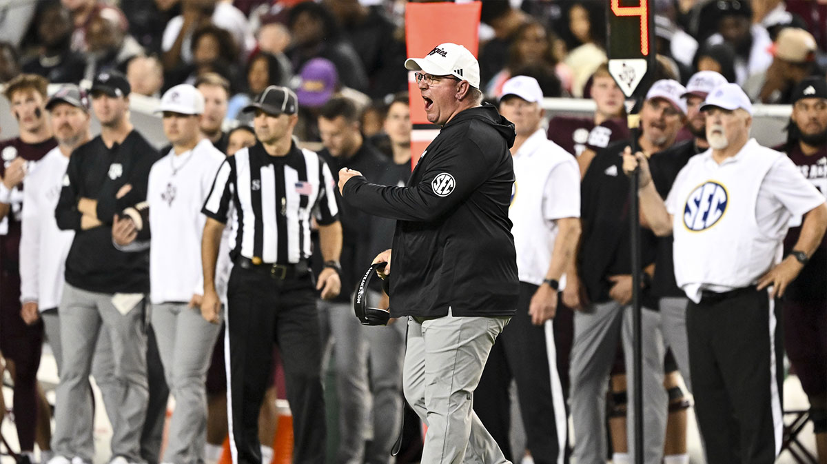 Texas A&M Aggies head coach Mike Elko reacts during the first half against the New Mexico State Aggies at Kyle Field.