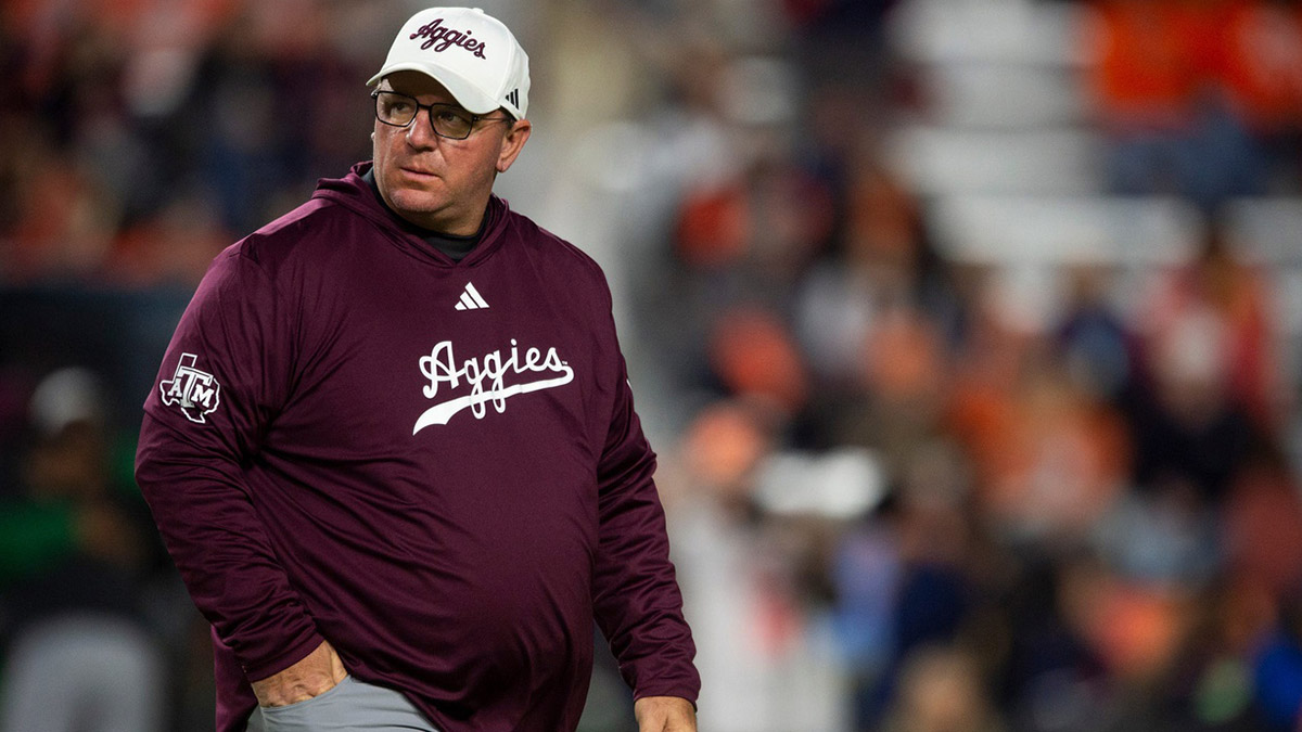 Texas A&M Aggies head coach Mike Elko during warm ups before Auburn Tigers take on Texas A&M Aggies at Jordan-Hare Stadium