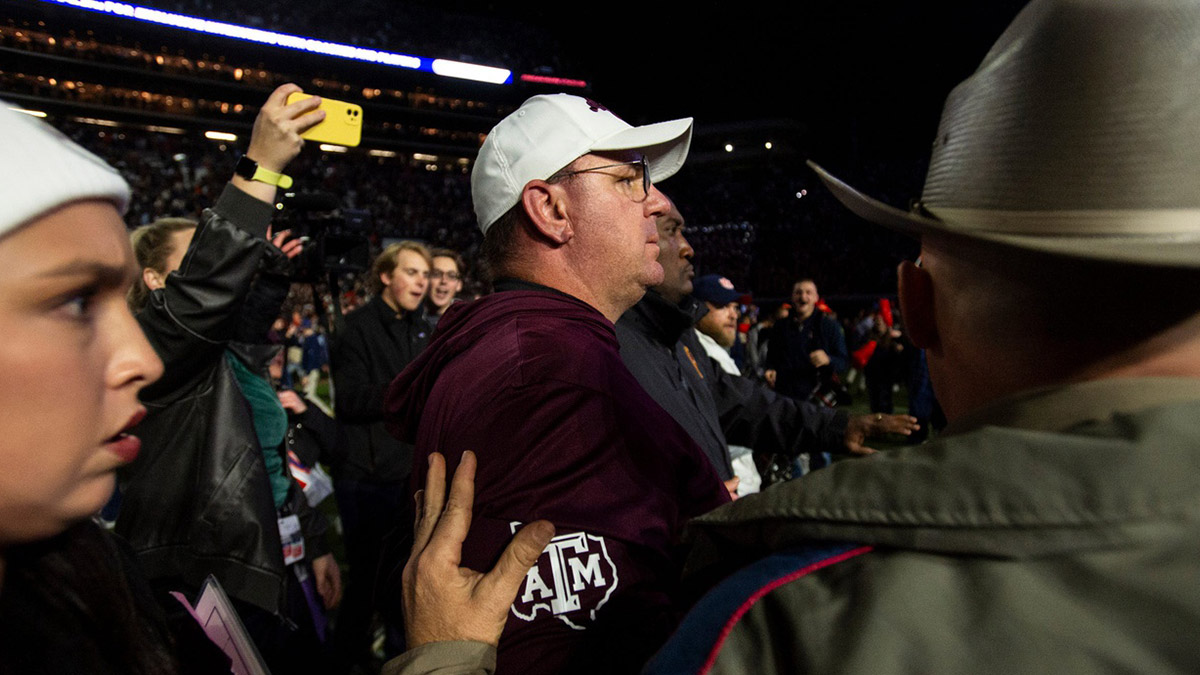 Texas A&M Aggies head coach Mike Elko makes his way off the field after the game as Auburn Tigers take on Texas A&M Aggies at Jordan-Hare Stadium
