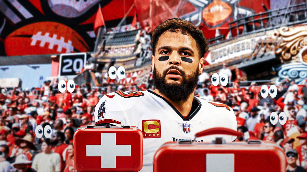 Mike Evans on one side with an injury kit in front of him, a bunch of Tampa Bay Buccaneers fans on the other side with the big eyes emoji around them