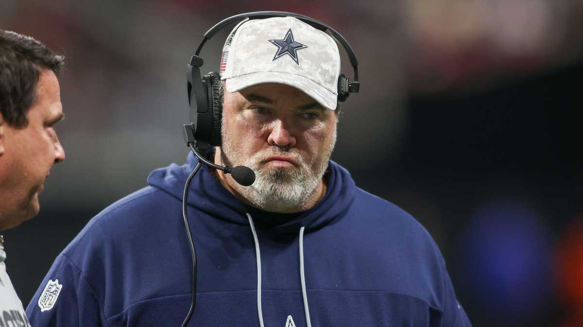 Dallas Cowboys head coach Mike McCarthy on the field against the Atlanta Falcons in the fourth quarter at Mercedes-Benz Stadium.