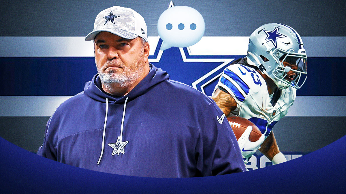 Dallas Cowboys head coach Mike McCarthy with a speech bubble that has the three dots emoji inside. He is next to RB Rico Dowdle. There is also a logo for the Dallas Cowboys.
