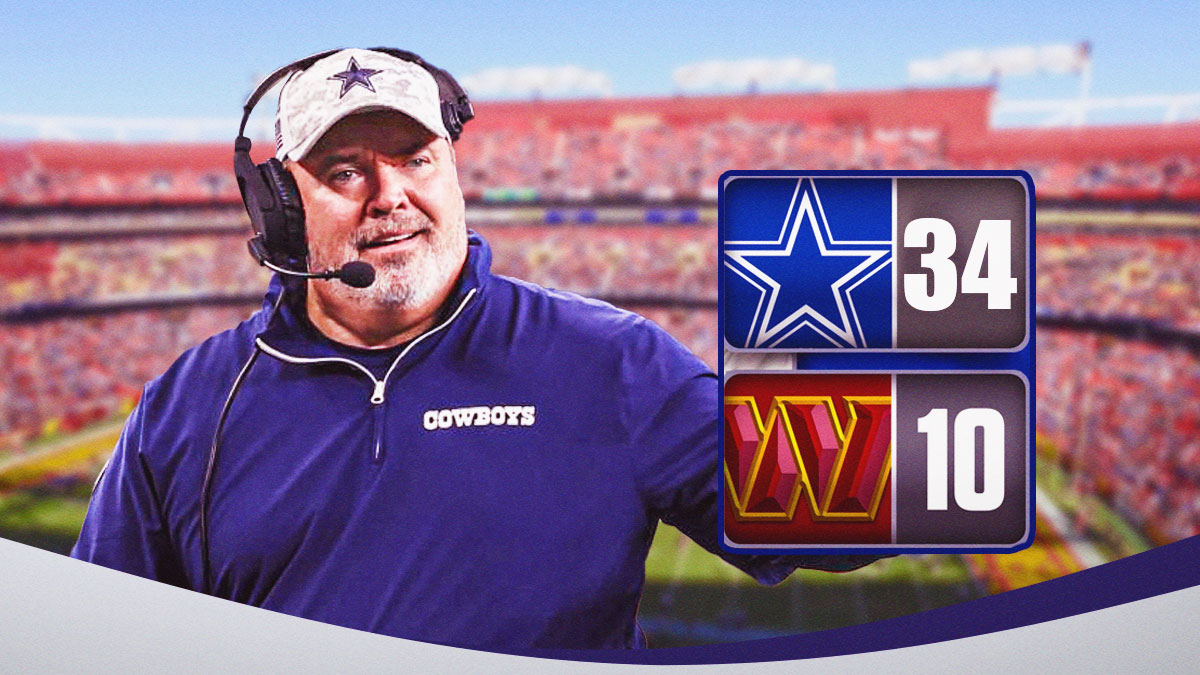 Cowboys head coach Mike McCarthy smiling inside Northwest Stadium with a final score graphic of today's game