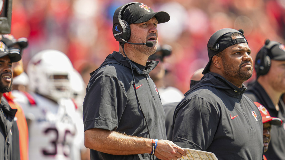 Sep 9, 2023; Athens, Georgia, USA; Ball State Cardinals head coach Mike Neu on the sideline against the Georgia Bulldogs during the second half at Sanford Stadium.