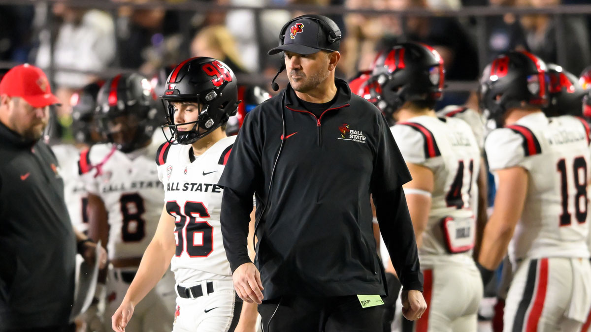 Oct 19, 2024; Nashville, Tennessee, USA; Ball State Cardinals head coach Mike Neu paces the sidelines against the Vanderbilt Commodores during the second half at FirstBank Stadium.