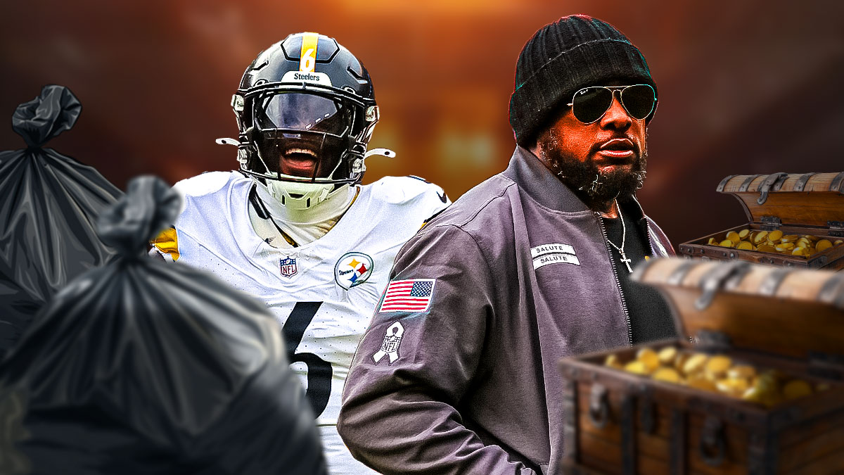 Pittsburgh's Patrick Queen and Mike Tomlin side by side, with a trash bag on the left and a treasure chest on the right