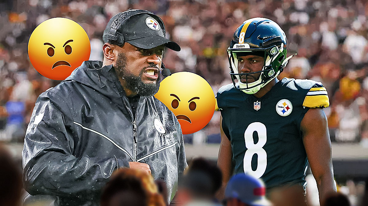 Steelers head coach Mike Tomlin with angry emojis around him and punter Corliss Waitman next to him